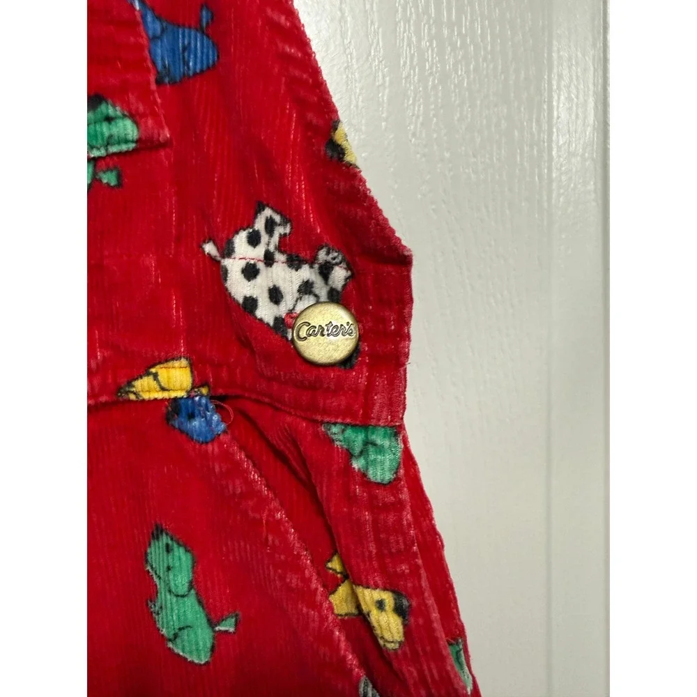 Vintage 90s Carters Red Corduroy Dog Print Overalls Kids 2T Dalmatian Bibs